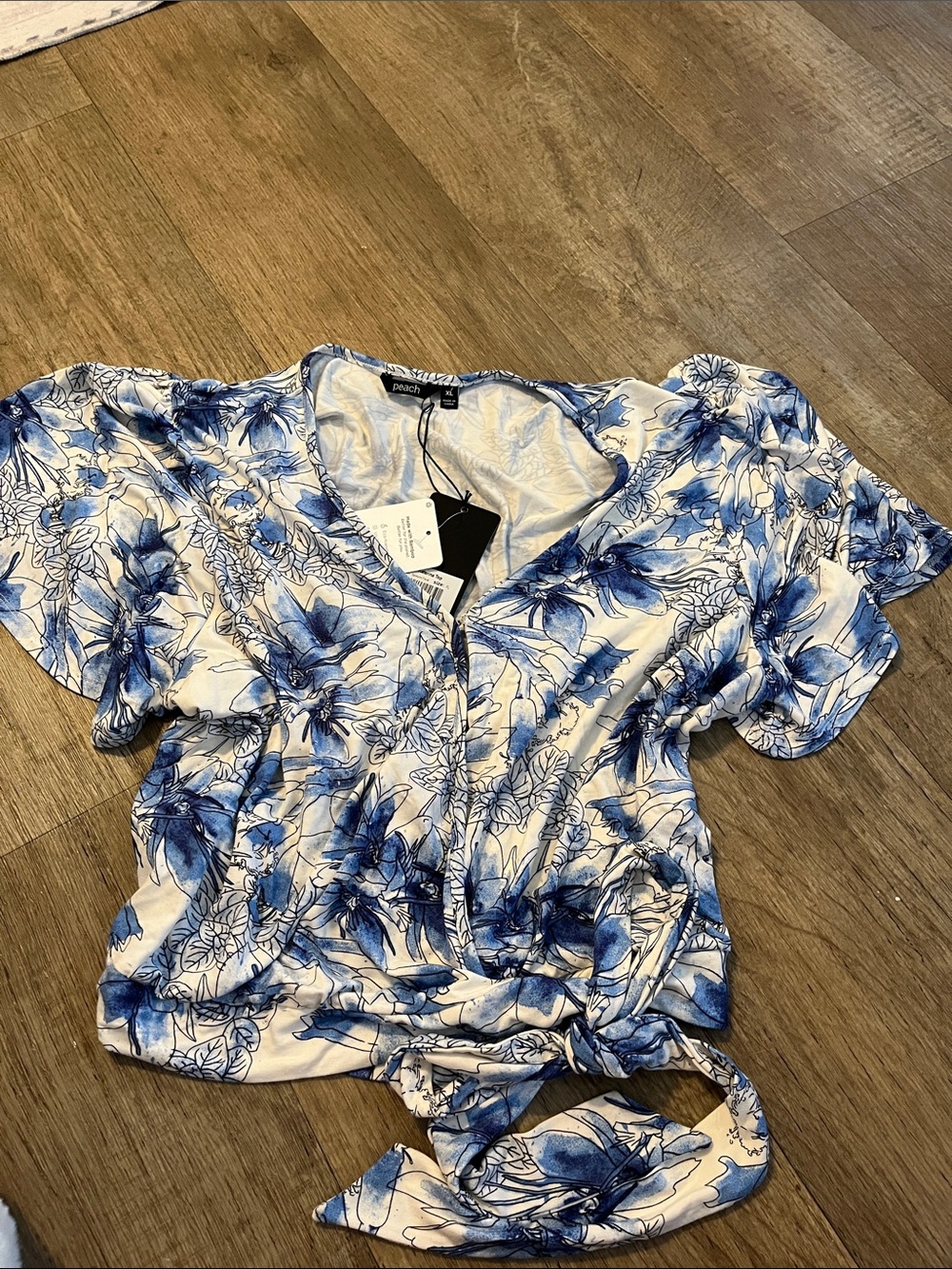 Peach Katerina Blue and White Floral Tie-Front Wrap V-Neck Top